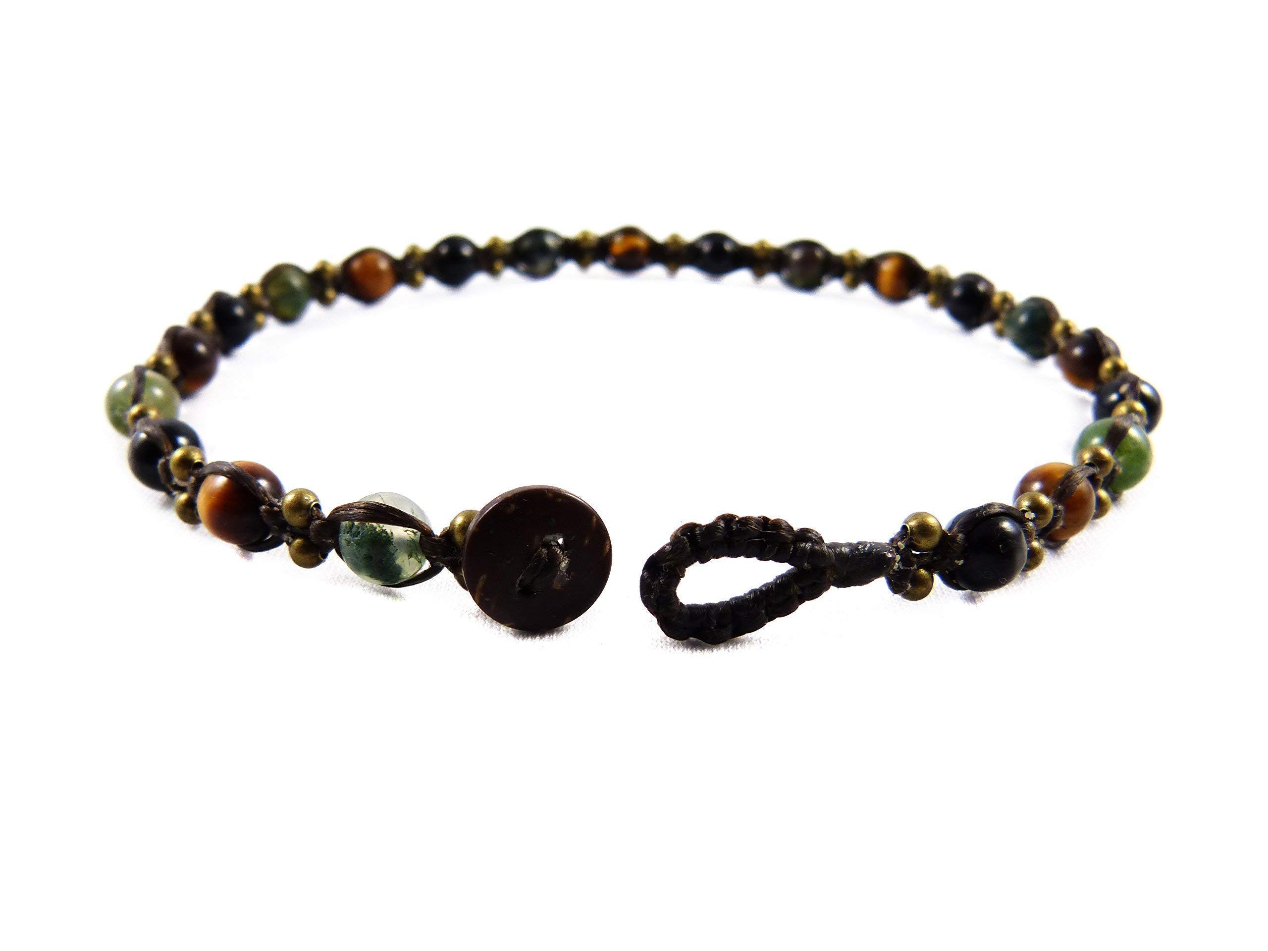 Fußband mit Tigerauge und Moos Achat Perlen - Thailand Tribal Surfer Herren Unisex Fußkettchen