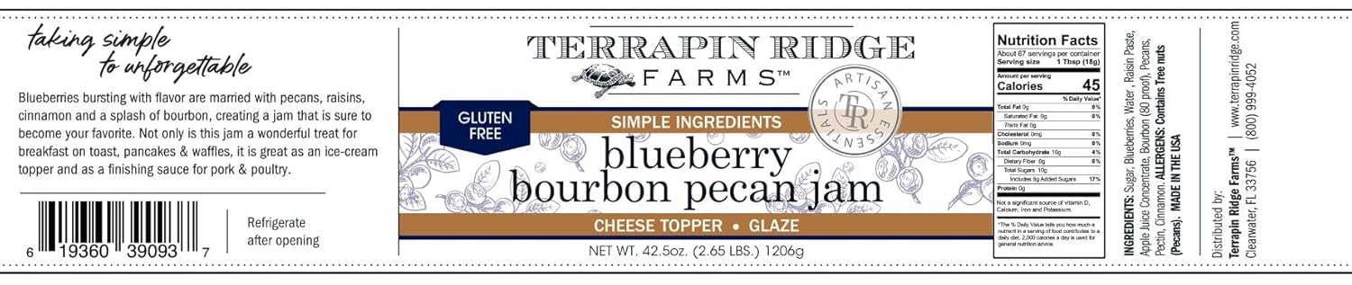 Terrapin Ridge Farms Blueberry Bourbon Pecan Jam - Sweet & Flavorful Jam with Blueberries, Pecans, Raisins, Cinnamon, and Bourbon - Perfect for Toast, Meats, and Desserts -1 Quart