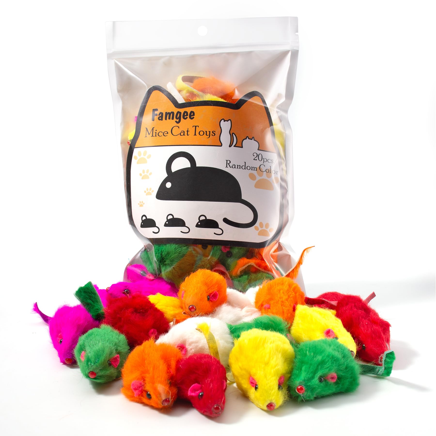 Famgee 20 PCS Furry Squeak Mouse Rattle Sound Plush Mice Fur Interactive Catch Play Catcher Pet Kitten Cat Toys (Random Color)