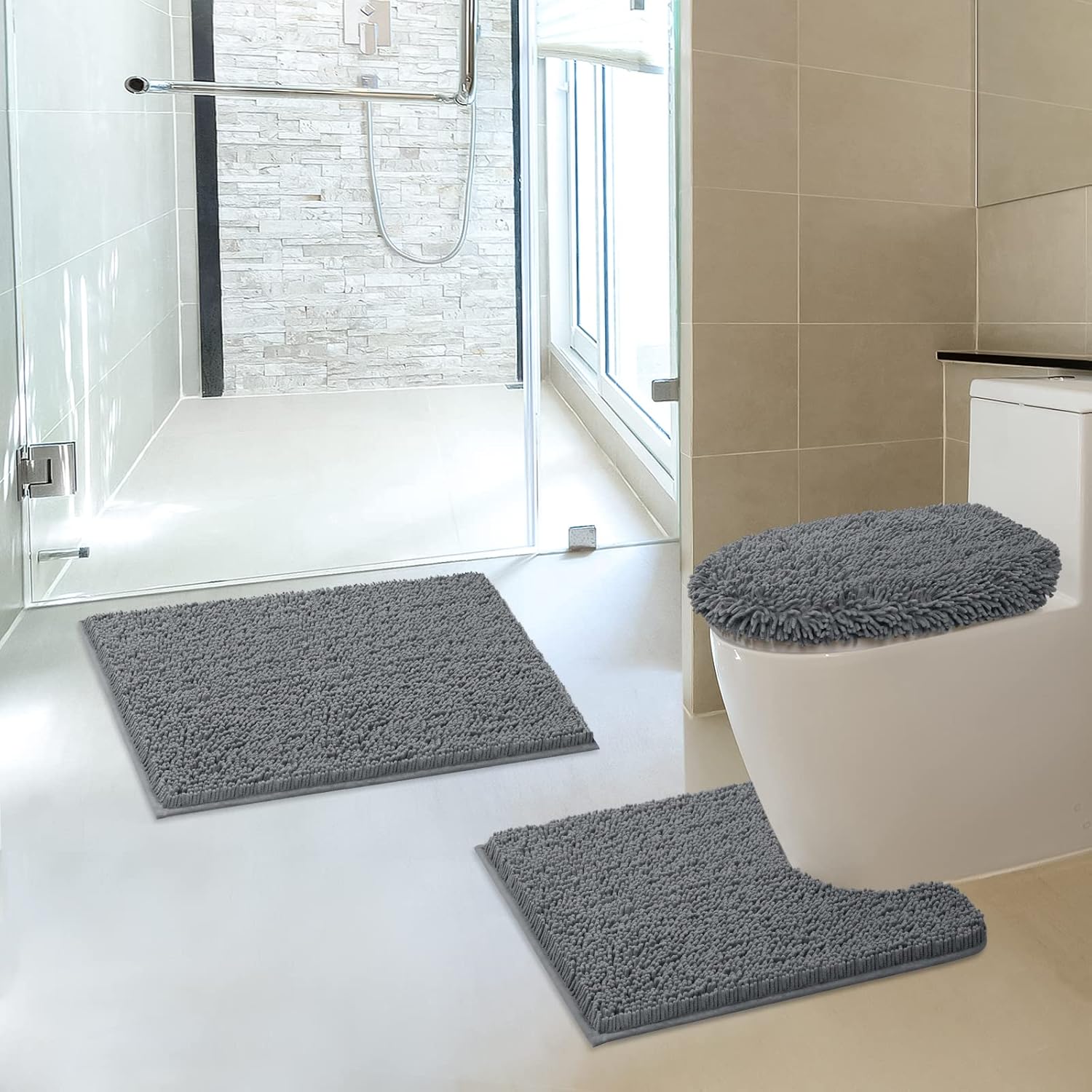 TREETONE Machine Washable Water Absorbent Bath Mat Bathroom Rugs Non Slip Soft Microfiber Mat (Set of 3-Medium 20" x 32"/Contour/Lid Cover, Gray)