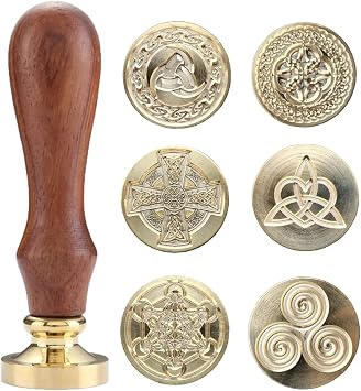 6 Sealing Wax Stamps Copper Seals with 1 Wooden Hilt kit, Celtic knot Metatrons Cube Represent Eternal Faith, Friendship, Love and Loyalty