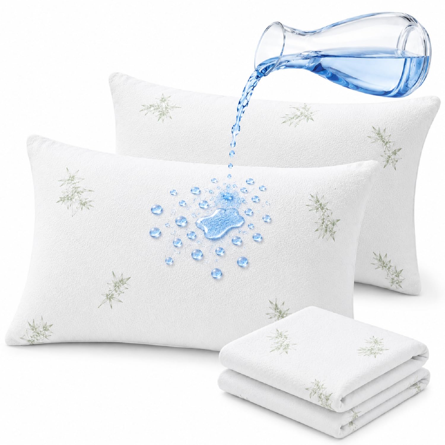 Aaf Textiles Bamboo Waterproof Pillow Protectors 2 Pack Anti Dust Mite Bed Bug Anti Allergy Soft Non Noisy Feather Proof with Zipped Closure Hypoallergenic, Breathable (50x75cm)