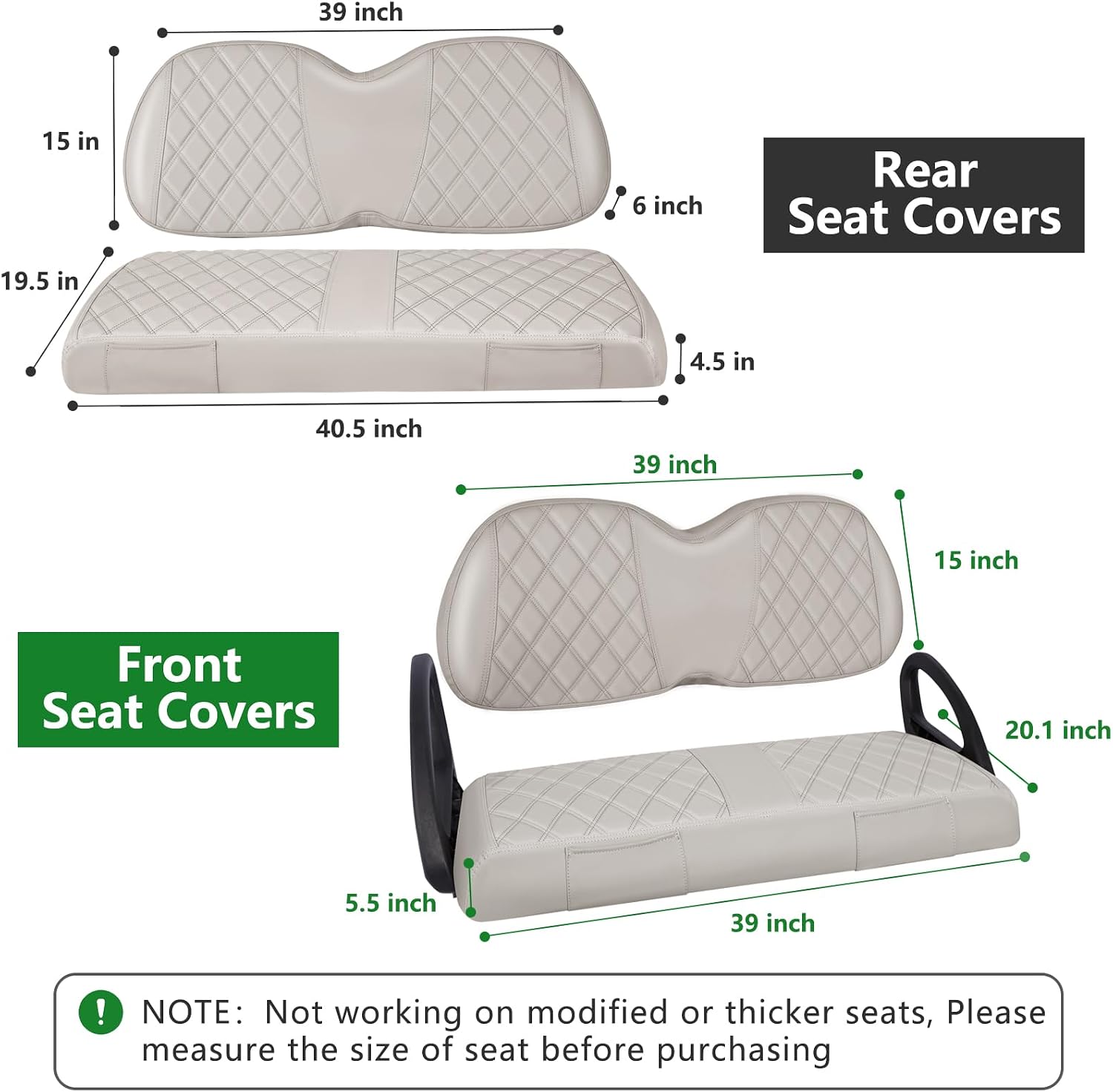 Golf Cart Seat Covers for Club Car Tempo OEM Standard Seat Cushion, Vinyl Leather Diamond Replacement Club Car Seat Cover, Front and Rear Seat Covers Kit, Adjustable Buckle, No Stapler(Beige)