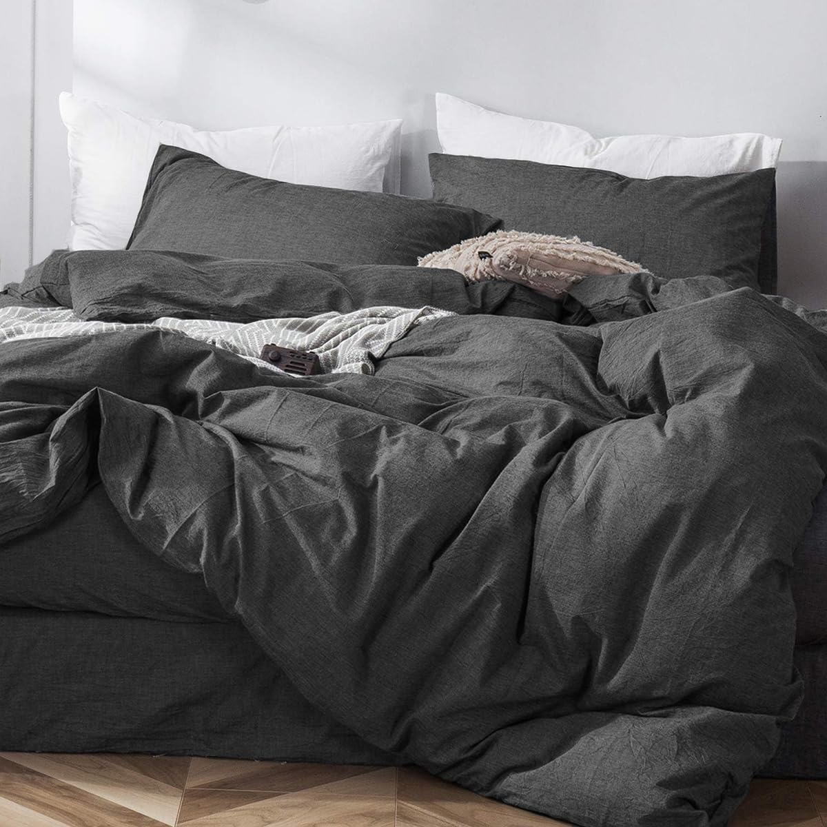 Nesture Bettwäsche 200x200 Baumwolle Anthrazit - Bettwäsche-Sets 3teilig Weich, 100% Gewaschene Baumwoll, Enthält 1 Bettbezug 200 x 200cm und 2 Kissenbezug 80x80 mit Reißverschluss