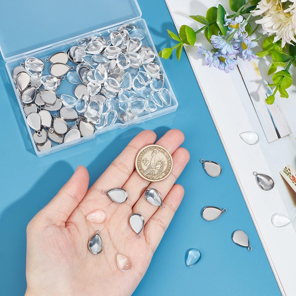 UNICRAFTALE 60 Sets 304 Stainless Steel Blank Bezels Teardrop Pendant Making Kit Oval Border Glass Cabochon Tray Charm Hole 1.6mm for Necklace Bracelet Jewelry Making - Image 4