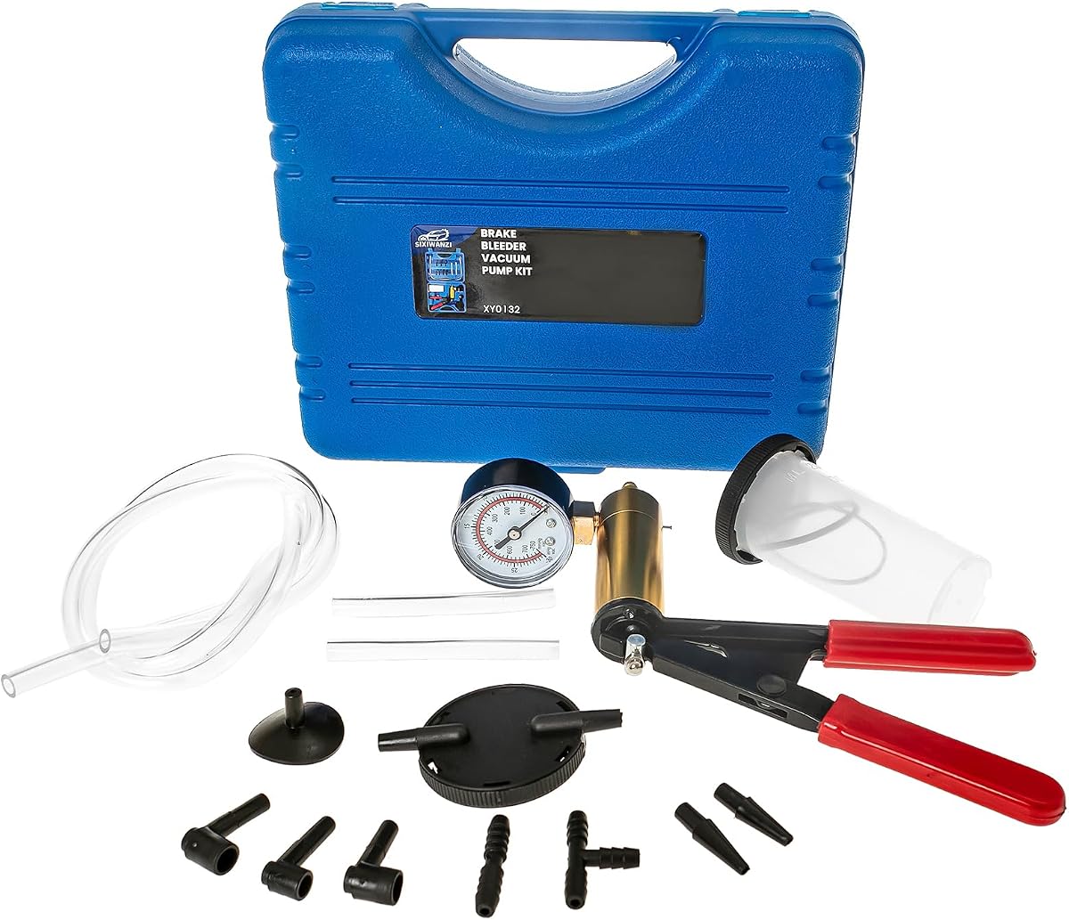 SIXIWANZI Brake Bleeder Kit, Hand Vacuum Pump with Gauge Adapters | 0-30 inHg gauge, one-person brake clutch bleed, 4.5oz jar 4 hoses 8 adapters, alloy black oxide pump