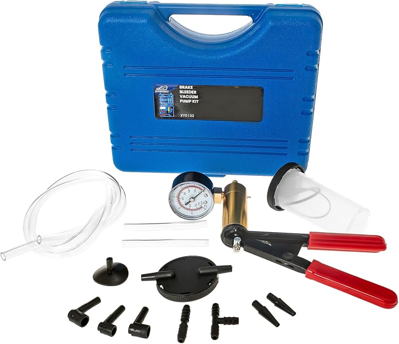 SIXIWANZI Brake Bleeder Kit, Hand Vacuum Pump with Gauge Adapters | 0-30 inHg gauge, one-person brake clutch bleed, 4.5oz jar 4 hoses 8 adapters, alloy black oxide pump