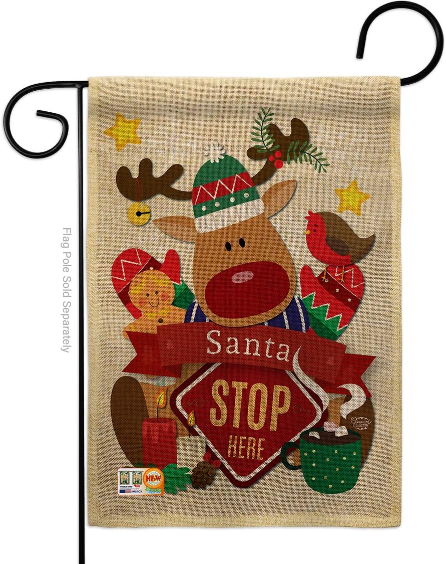 Santa Stop Here Burlap Garden Flag Wintertime Christmas Marry Xmas Present Reindeer Season Snow Small Decorative Gift Yard House Banner Double-Sided Made In USA 13 X 18.5