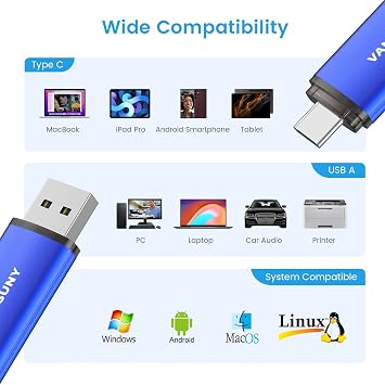 Vansuny 32GB USB Type-C Flash Drive 2-in-1 Dual USB A + Tape C OTG Flash Drive for Android Smartphone Tablet Computer Laptop (Blue)