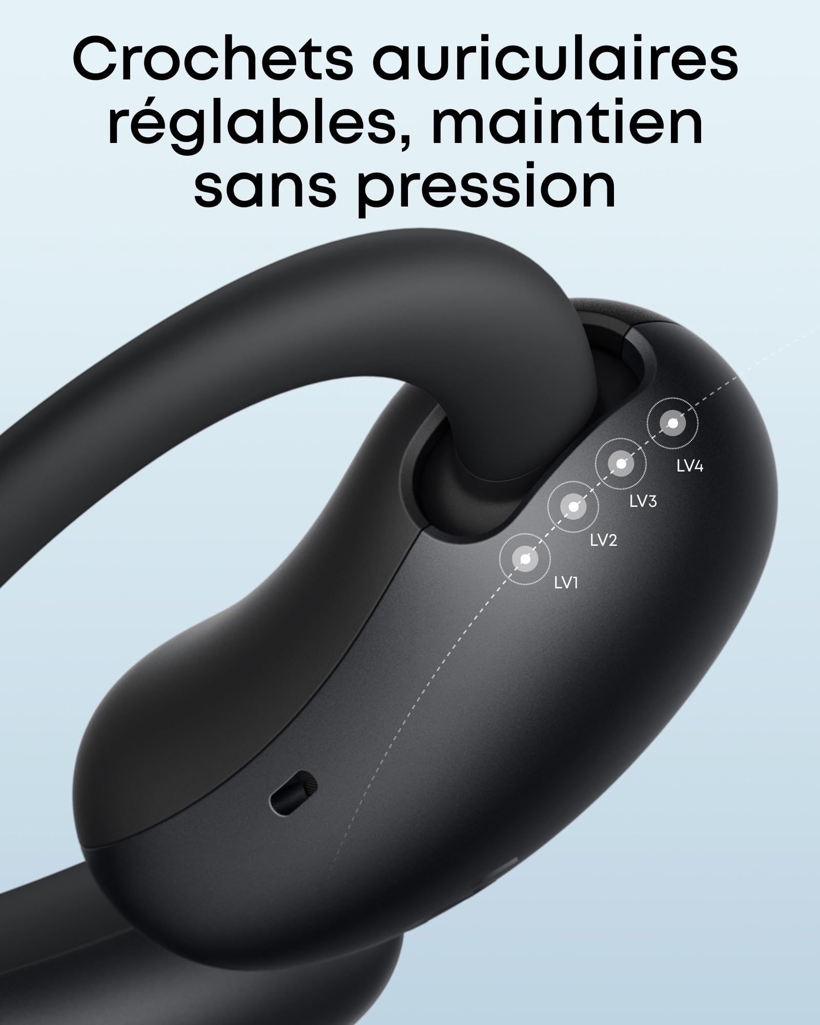 soundcore AeroFit 2 by Anker, écouteurs oreilles libres, 4 positions réglables, basses 2x plus riches, Hi-Res, autonomie 42h, IP55, appels clairs avec IA, chargement sans fil, traduction en temps réel