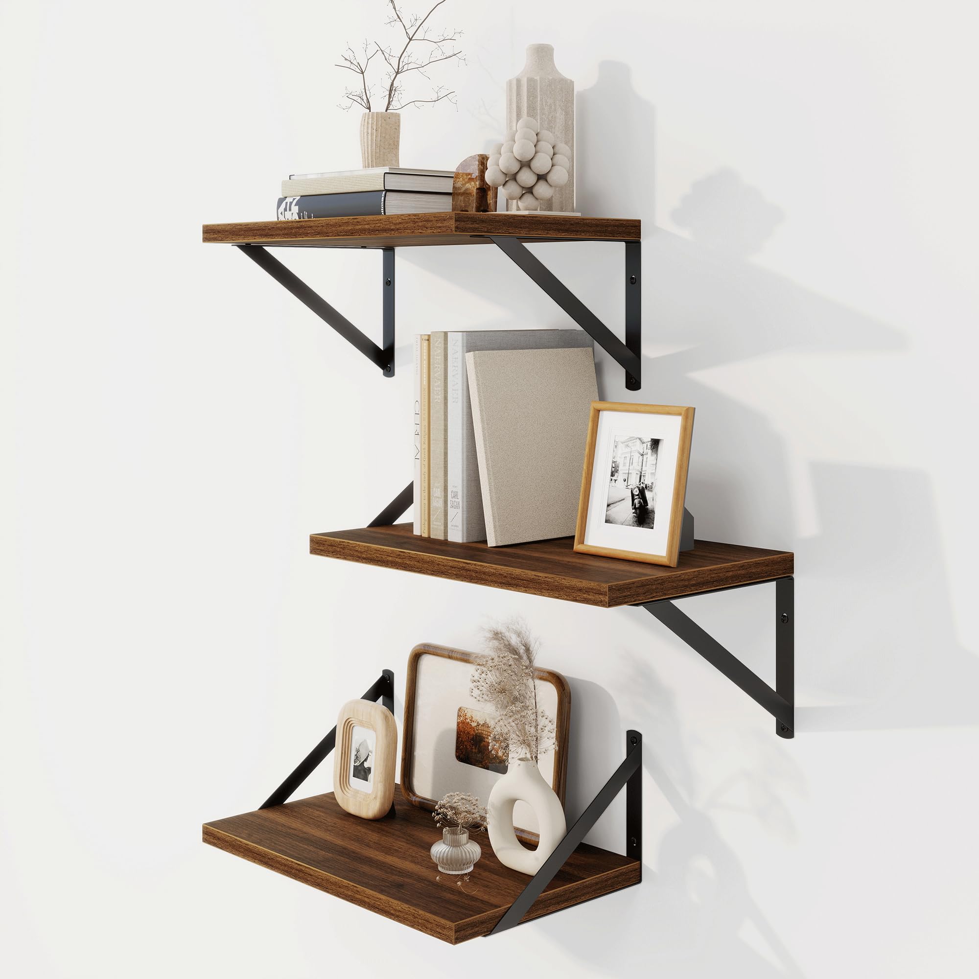 Fun Memories Schwebende Bücherregale, 3er Set Wandregal aus Holz 40 x 20 cm, dekoratives Wandregal für Wohnzimmer, Schlafzimmer, Badezimmer und Waschküche (Nussbaum)