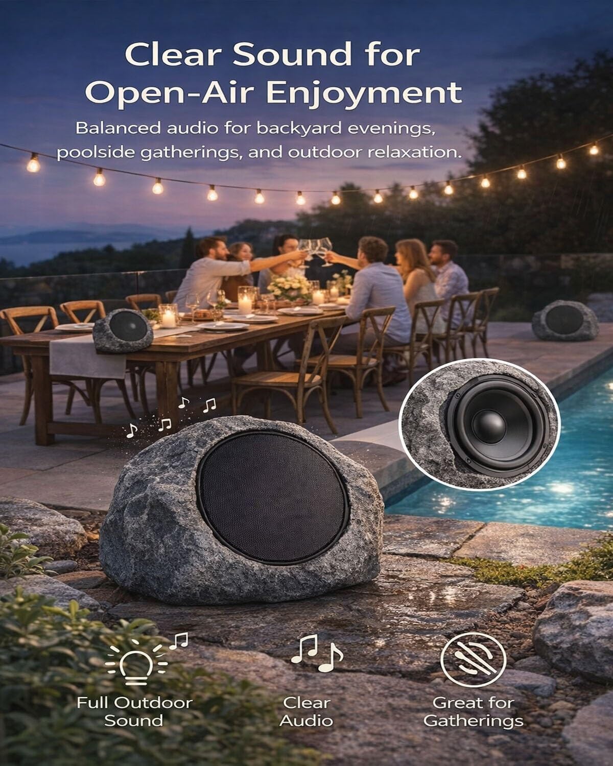 Solar Powered Rock Speakers Outdoor Waterproof, Bluetooth 5.0 Wireless Stereo Speaker for Patio Pool Garden Yard, Solar & USB Charging, Remote Control, Link Up to 20 Speakers, Weatherproof (1PCS)