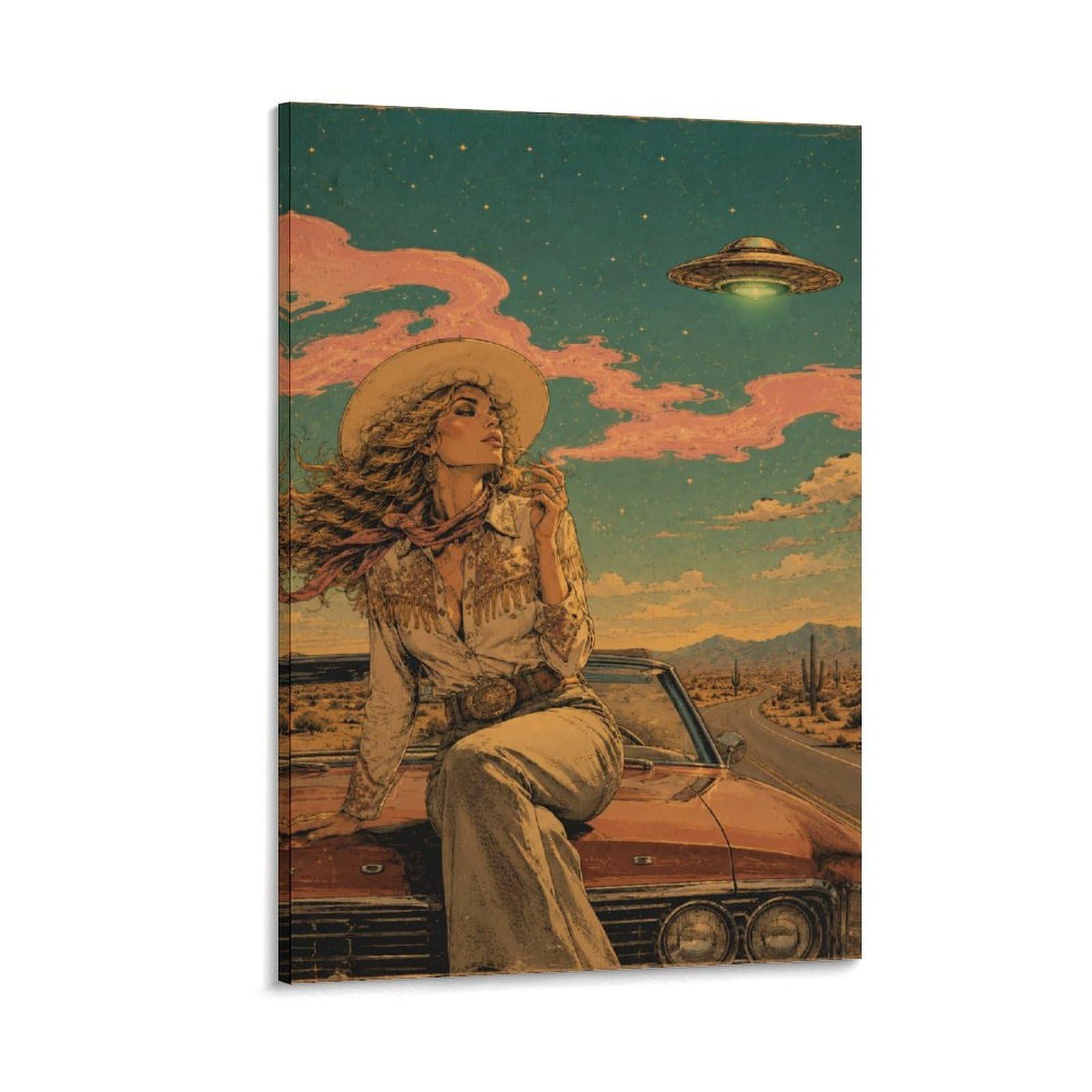 W7C8U2X3 UFO Cowgirl Desert Road Canvas Wall Art, Western Cowgirl Wall Art