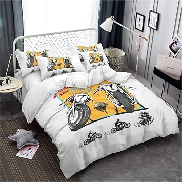 Motocross Racing Duvet Cover Set Twin Size,3Pcs Kids Extreme Sports Bedding Boys Motorcycle Quilt Cover