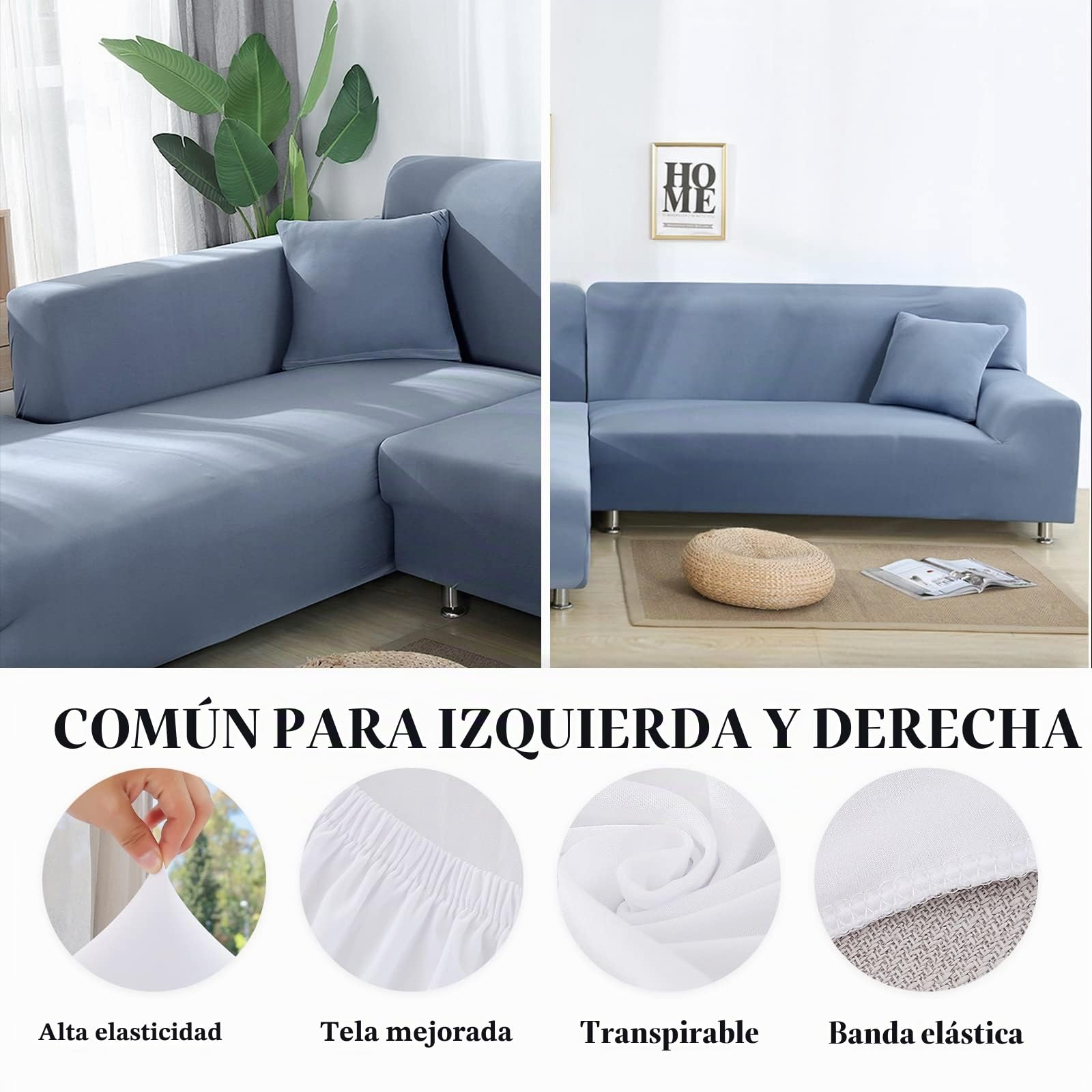 Jaotto Fundas para Sofás Chaise Longue Elásticas,Cubre Fundas de Sofá Cheslong Brazo Largo Derecho Ajustables de Forma L Extraíbles Lavables,Fundas Protectora para Sofa(1 Plaza+2 Plazas,Gris Azul)