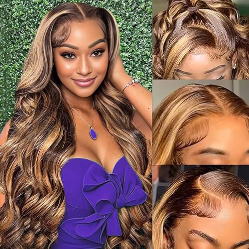 QNQZ Highlight Ombre 13x6 Lace Front Wig Human Hair 30 Inch Body Wave Honey Blonde Glueless HD Transparent Lace Frontal Wigs for Women 220 Density Human Hair Pre Plucked with Baby Hair