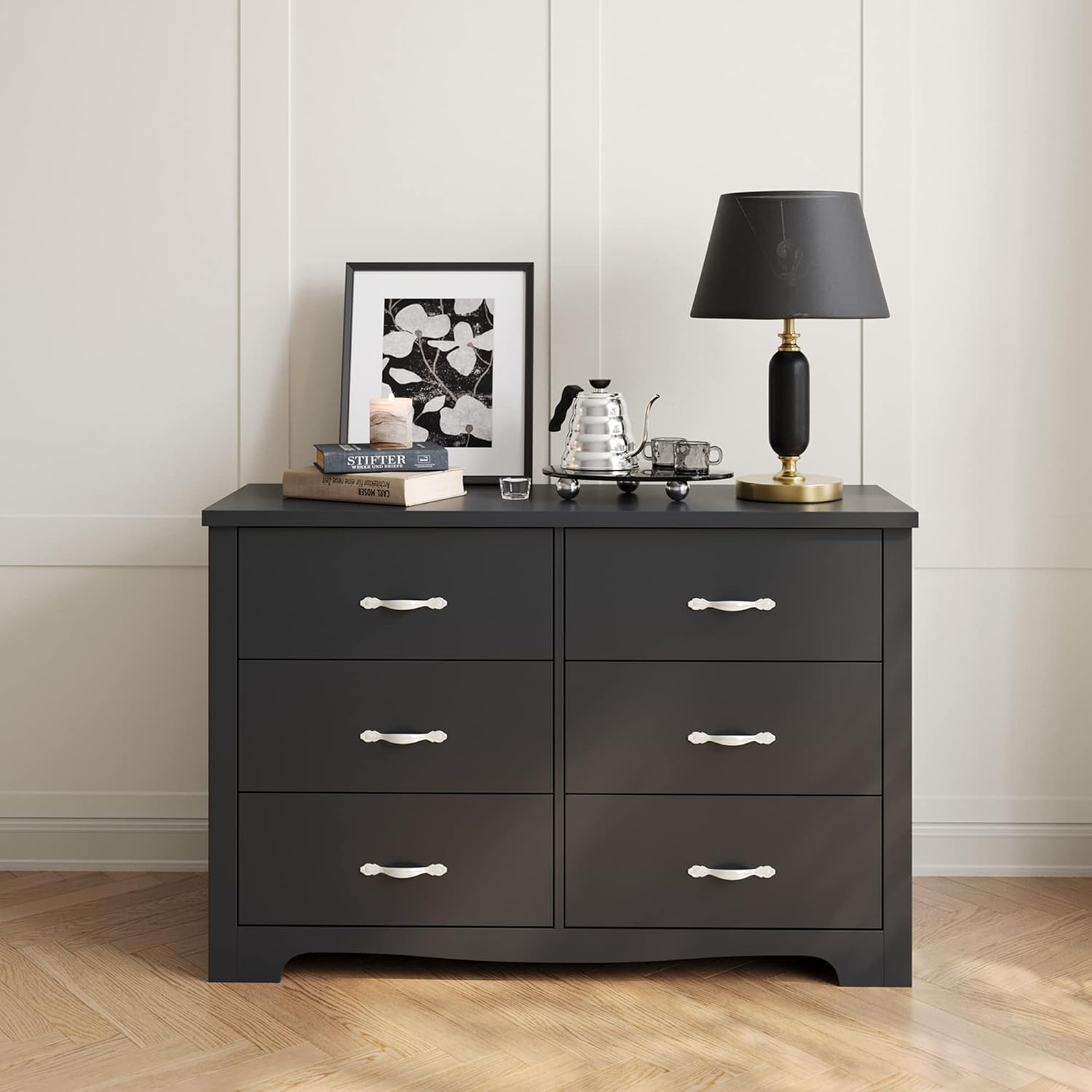LINSY HOME 6 Drawer Black Dresser, Modern Dresser for