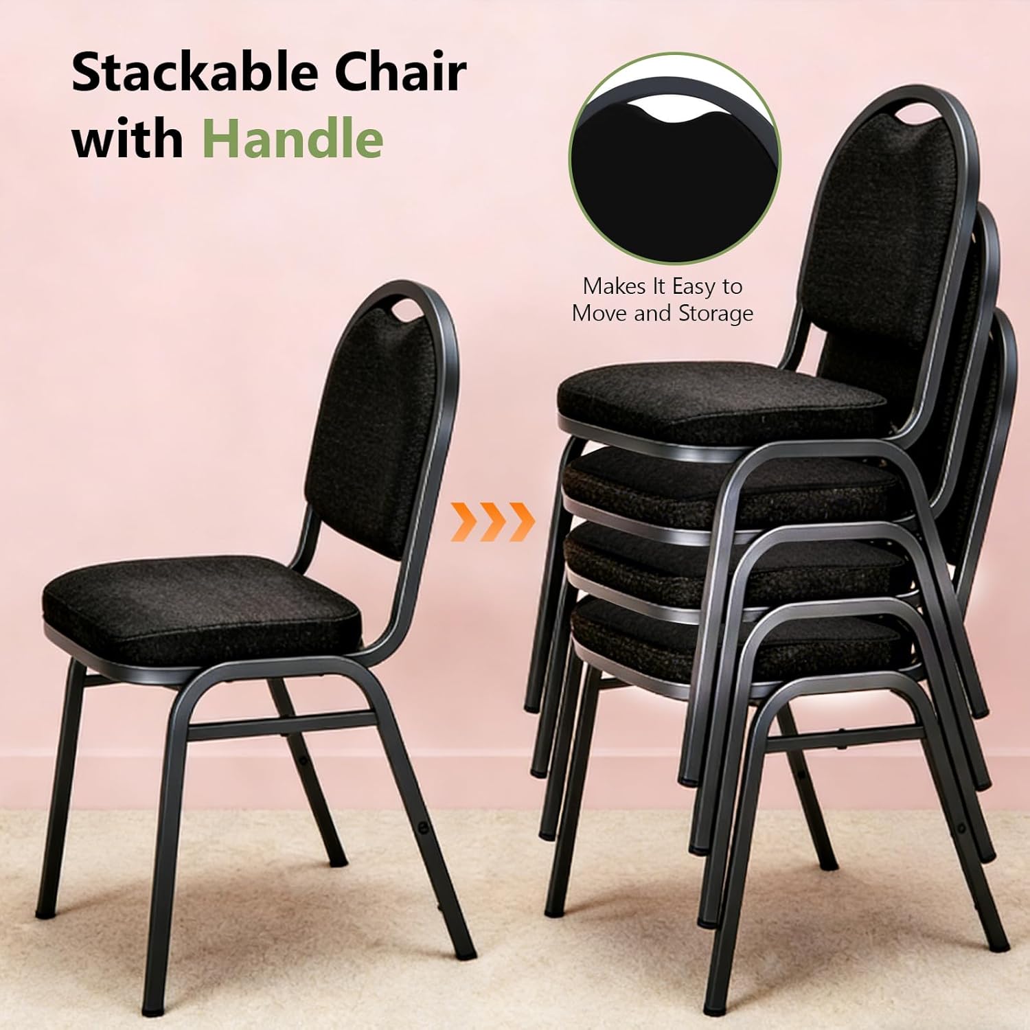 Stackable Banquet Dining Chairs 4 Pack, Upholstered Crown Back Event Chairs with Black Fabric Seat, Heavy Duty Steel Frame, 300 lb Capacity, No Assembly, for Restaurant Wedding Conference