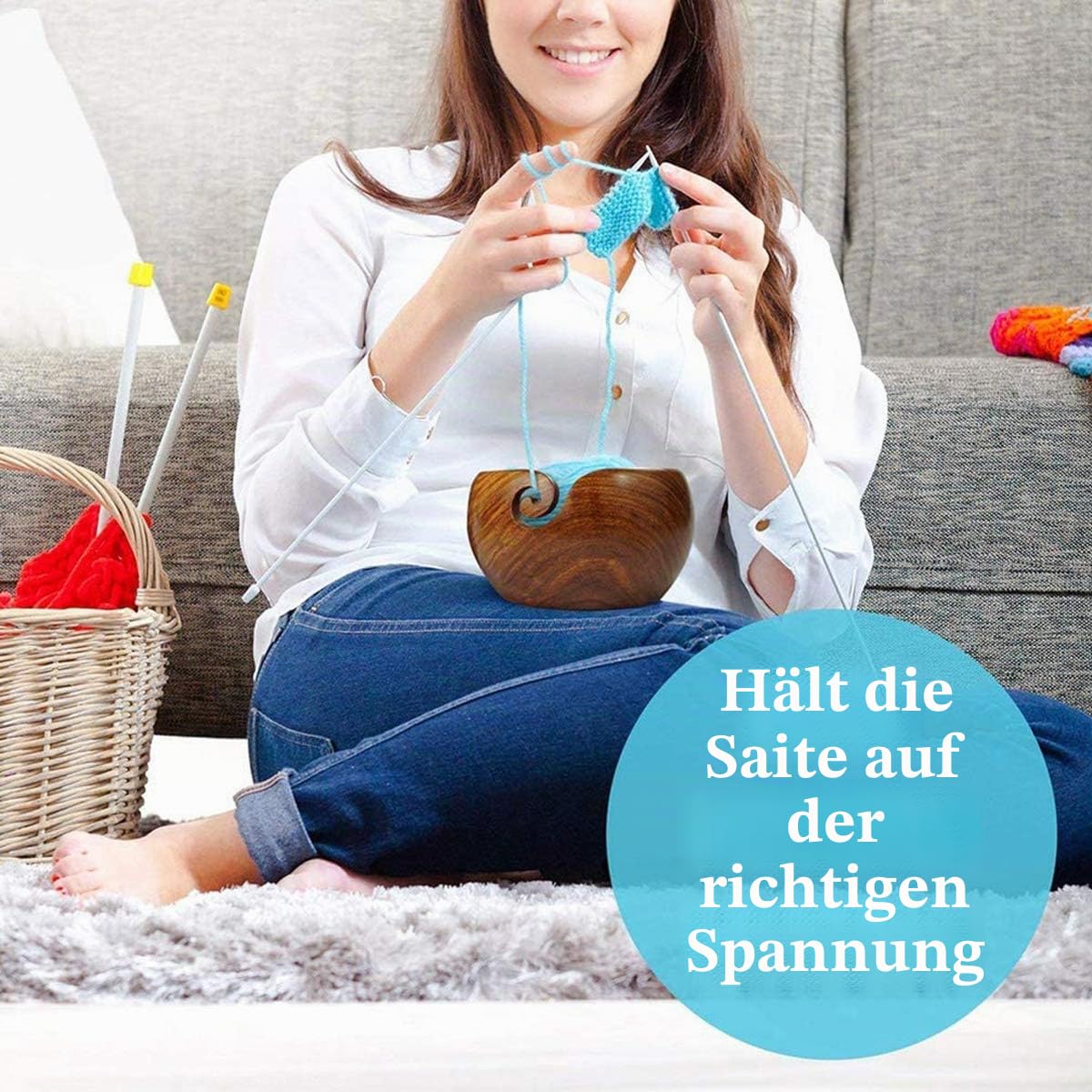 Handgefertigte Holz Garnschale, 6,3'' Garnschale aus Rosenholz mit Deckel Tragbarer Garn Schüssel Woll Stricken Schalen mit Geschnitzte Löcher und gebohrte Löcher für das Strickende Häkeln