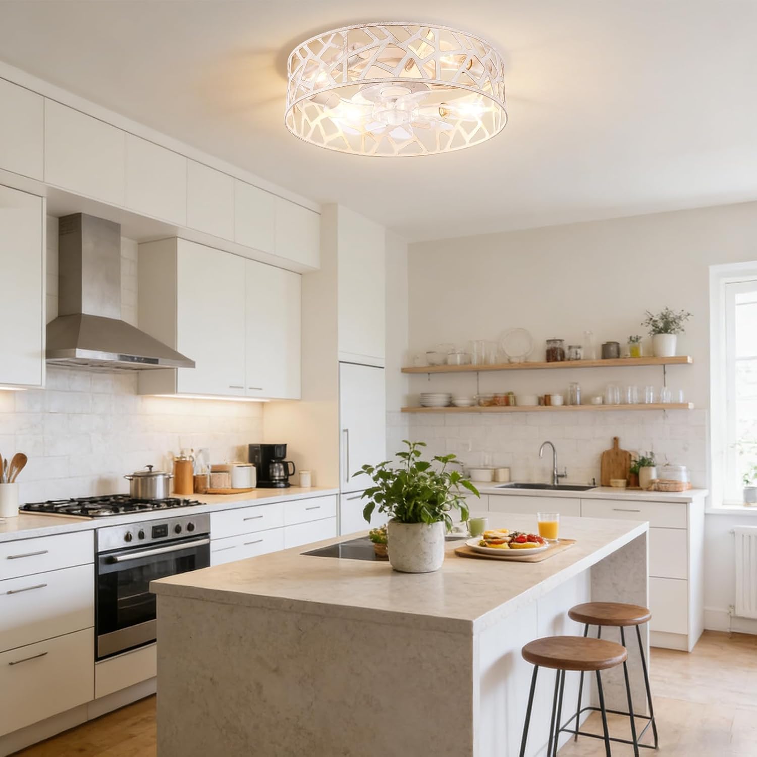 20 Inch Caged Ceiling Fans with Lights and Remote,Farmhouse Flush Mount Fandelier Ceiling Fan Vintage White, Low Profile Bladeless Ceiling Fans for Bedroom,Kitchen,Living Room