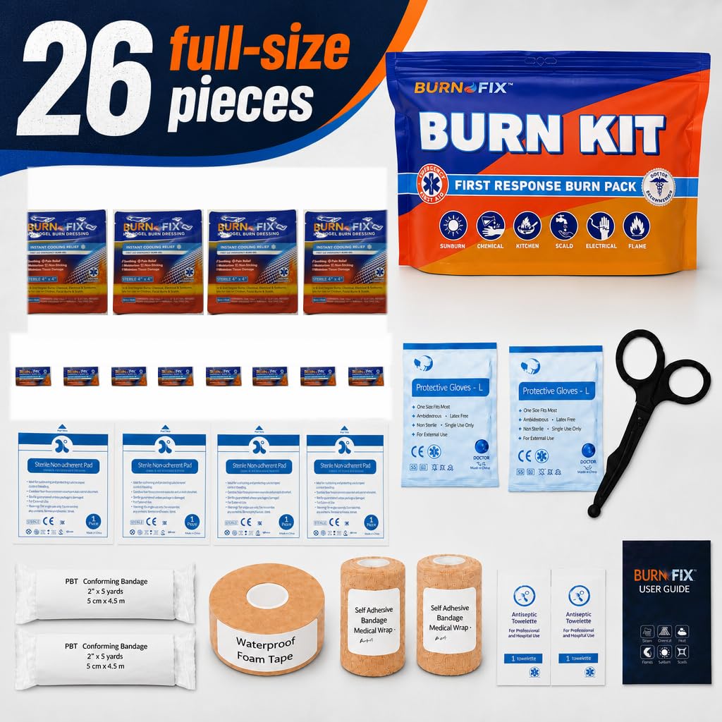 BurnFIX® Burn Kit First Aid Recommended by Doctors, Comprehensive 25pcs First Aid Kit Includes Burn Gel, Burn Dressing, Gloves, Scissors, Wipes for Quick Burn Relief - Sunburn, Electrical, Flame Burns — Amazon image 2