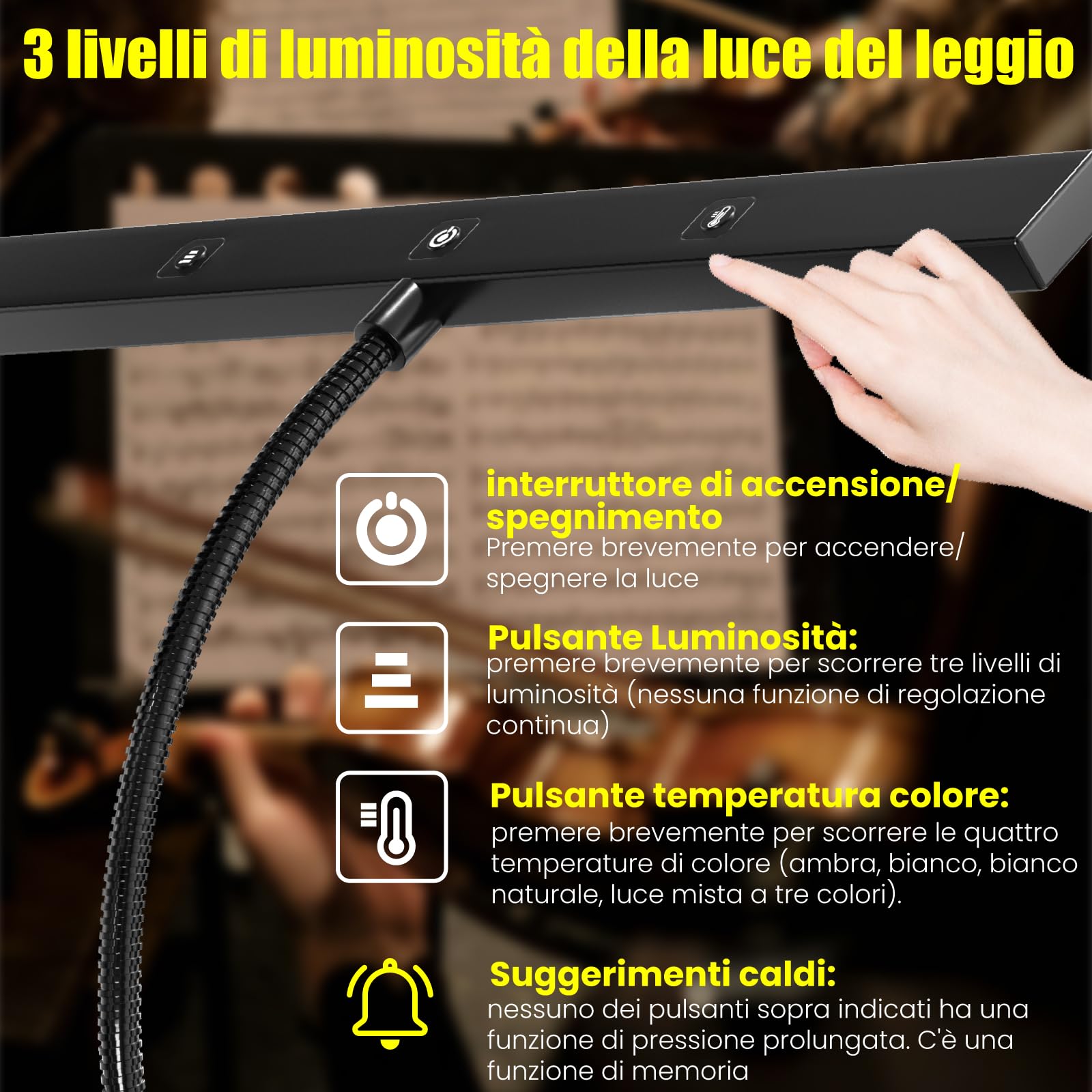 Luce a 30 LED per leggio, luce a clip per leggio, luce ricaricabile USB per pianoforte,luce da lettura, 4 colori e 3 luminosità, perfetta per pianoforte, lettura,violino,orchestra,Spartiti