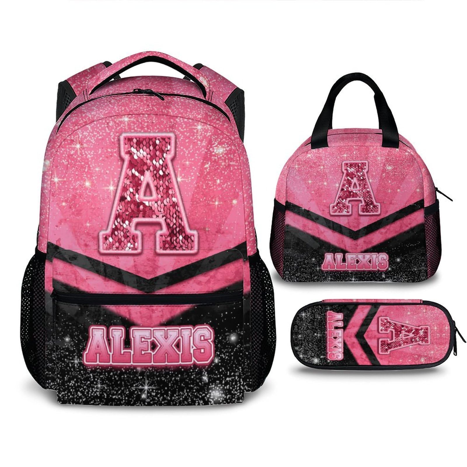 Custom School Backpack Set for Girls 3-10, Personalized Glitter Initial Name Backpack for Kids Kindergarten Preschool Primary, 17 Inch Black & Pink