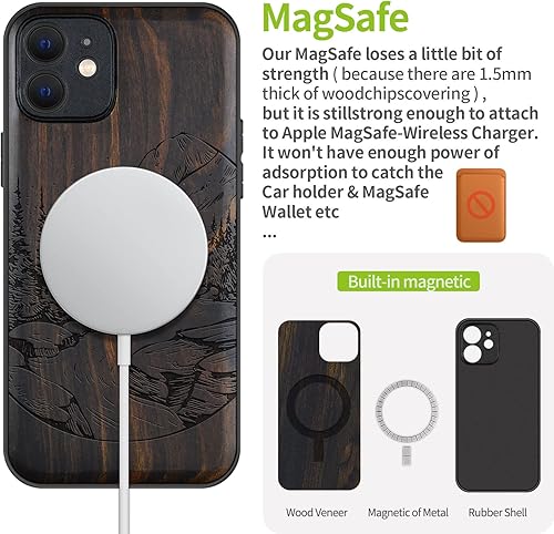 Miniatura 5 de Carveit Funda magnética de madera para iPhone 12 madera natural y TPU suave negro a prueba de golpes, funda de madera única compatible con magsafe