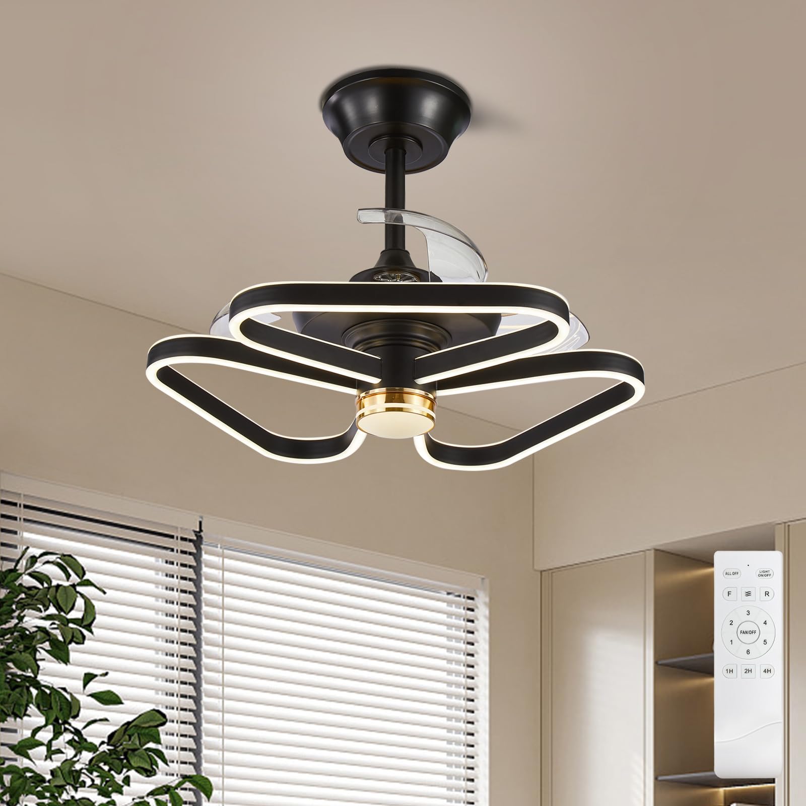 Depuley Fandelier Ceiling Fan with Light: Modern Flower Ceiling Fan Lights with Remote - Black Retractable Fan Light Ceiling for Bedroom, Living Room - Silent DC Motor, 3 Color Change, 24.4"