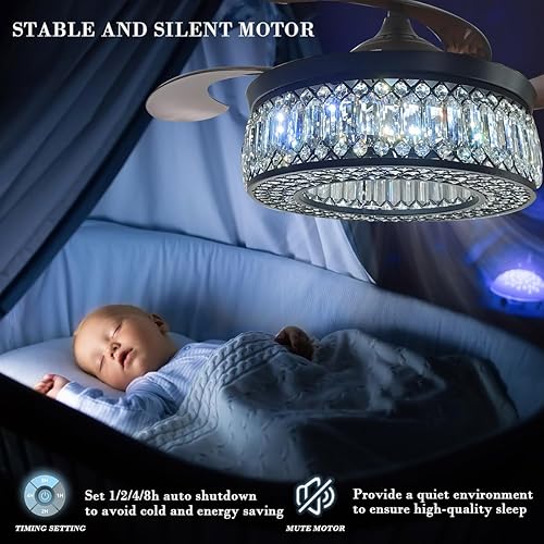 Miniatura 6 de Ventiladores de techo de 42 pulgadas con luces y control remoto, moderno ventilador de araña de cristal negro con motor reversible de 6 velocidades,