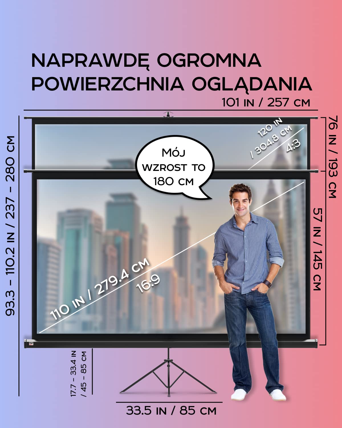 PropVue Ekran projekcyjny z uchwytem 100-120 cali – ekran projekcyjny do użytku wewnątrz i na zewnątrz do prezentacji filmów lub na pulpicie – możliwość regulacji w zakresie od 16:9 do 4:3 HD bez
