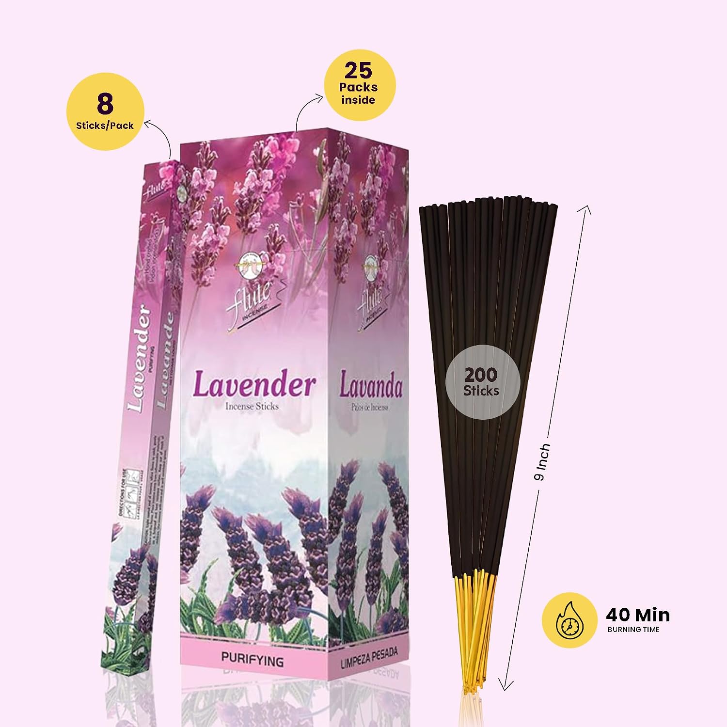 Flute Lavender & Chamomile Incense Sticks - Incense for Relaxation, Better Sleep & Peaceful Home Ambience – 8 Sticks/Pack, 25 Packs/Box(9 inch - 200 Sticks/Box) | 40 Minutes Burning Time