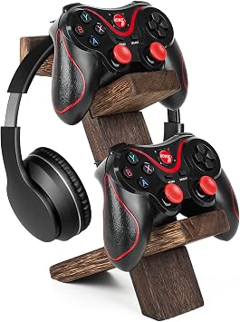 Wooden Game Controller Holder Headset Stand 2-Tier Universal Controller Gaming PC Accessories Storage Rack Headphone Stand for Xbox Series PS5 PS4