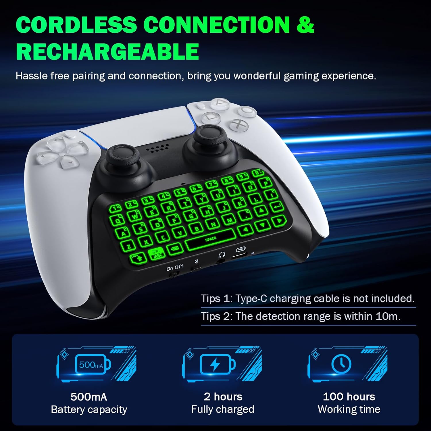 MoKo Keyboard for PS5 Controller with Green Backlight, Bluetooth Wireless Mini Keypad Chatpad for PlayStation 5, Built-in Speaker & 3.5mm Audio Jack for PS5 Controller Accessories, Black & White image 4