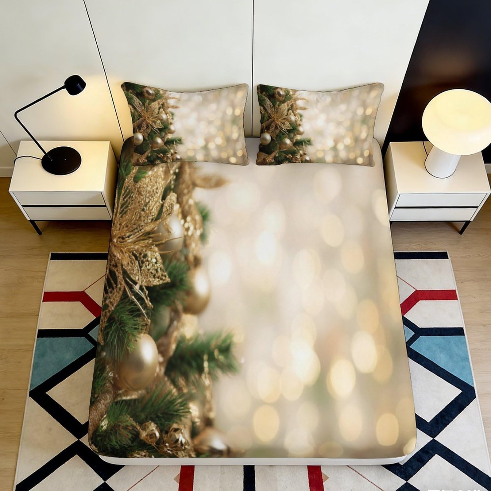 3D Printed Festive Pine Lights Fitted Sheet Microfiber Soft Gold Sparkle Bed Cover for Bedroom Guest Room 90x200x25cm