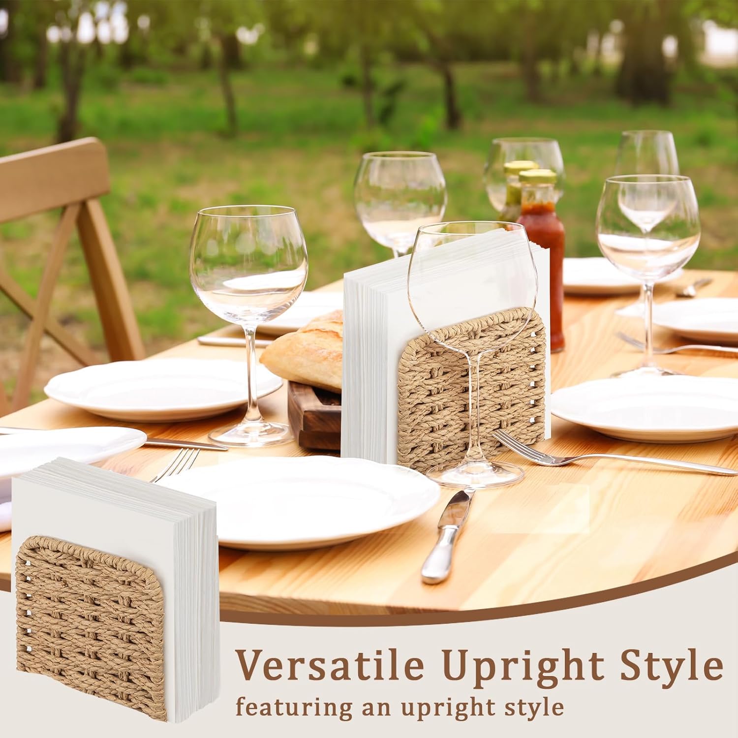 Woven Rattan Wicker Upright Napkin Holders for Table Standing Paper Dispenser for Guest Restaurant Kitchen Bathroom Room Cocktail Decoration Indoor & Outdoor Party Use(Classic,Flaxen) - Image 5