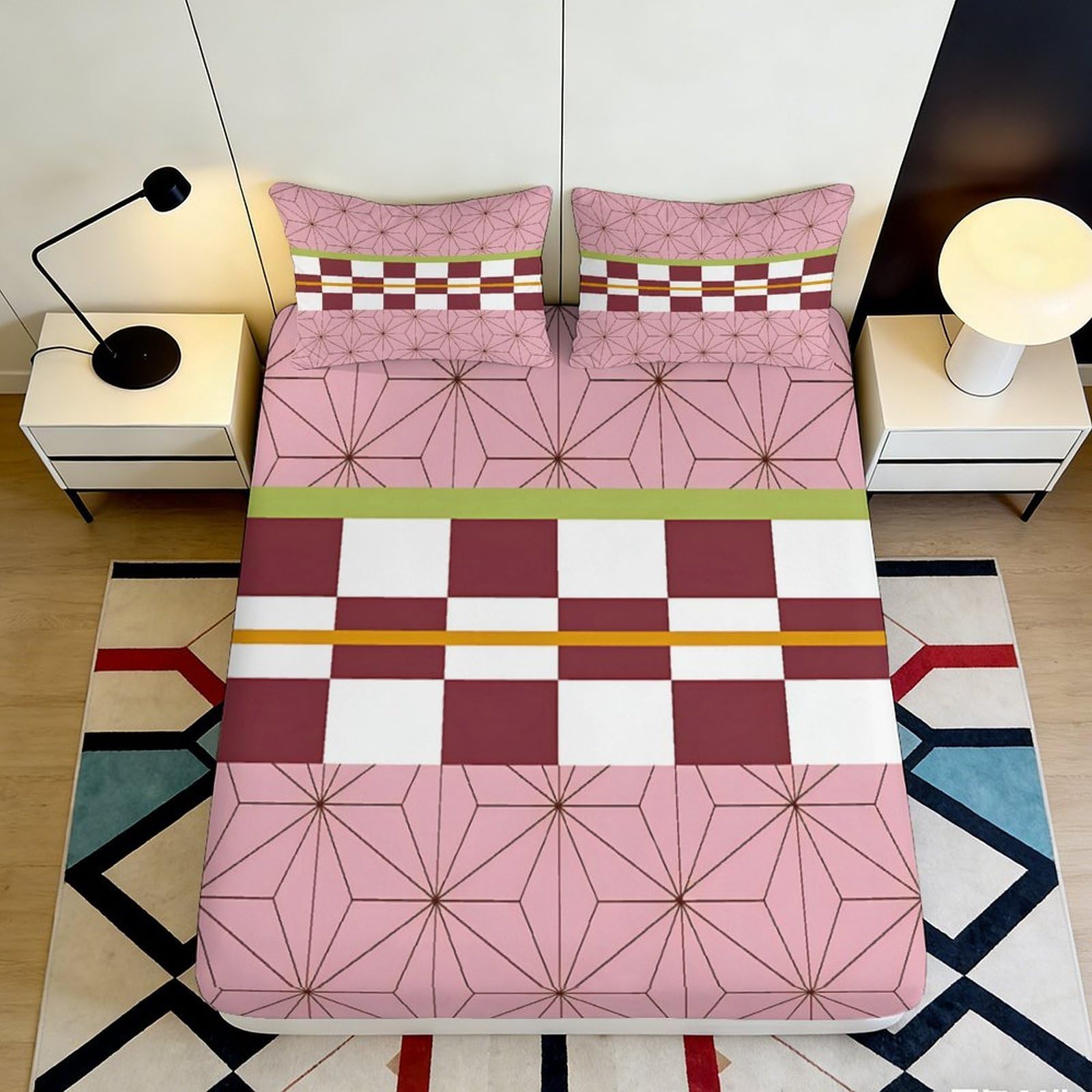 3D Printed Pink Geometric Fitted Sheet Microfiber Soft Breathable Checkerboard Bed Cover for Bedroom Dormitory Guest Room Mattress Protection Decor 140x200x25cm