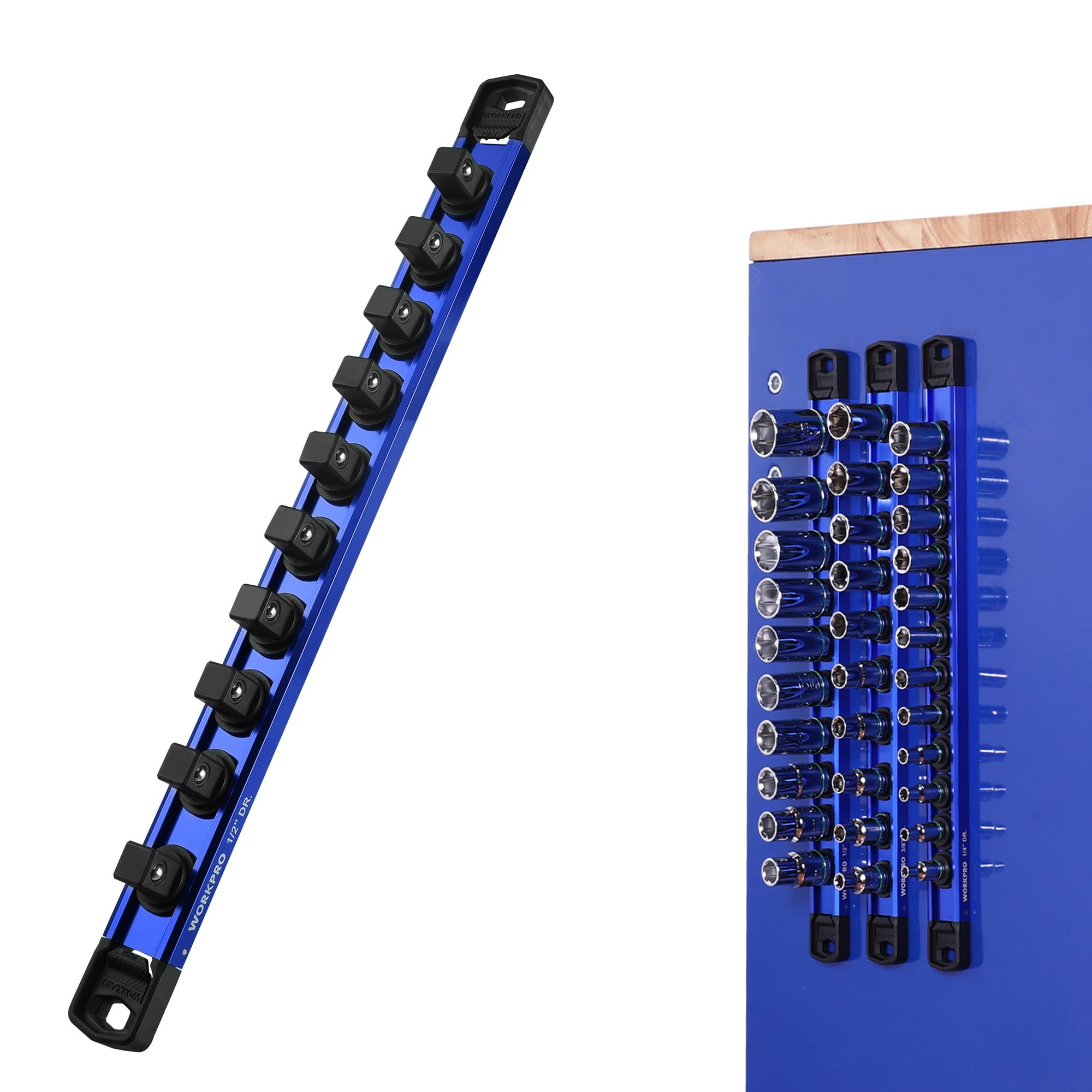 WORKPRO Magnetic Socket Organizer, 1/2" Adjustable Push-Button Socket Rail