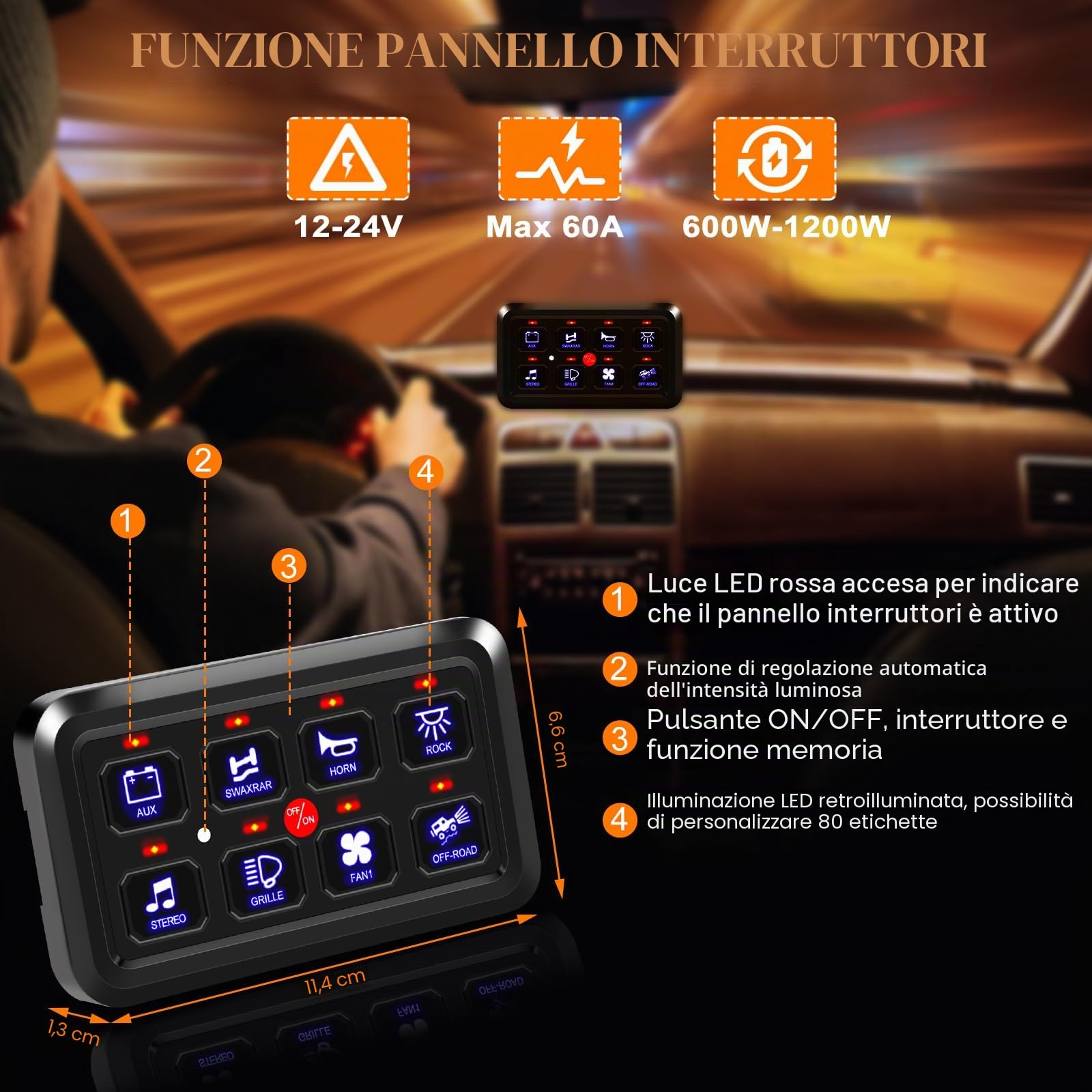 Geloo Pannello interruttore 8 Gang, 12 V/24 V Sistema di Controllo del Circuito Universale Touch Switch Box sette colori Regolabile per auto, camion, camper, barca, SUV