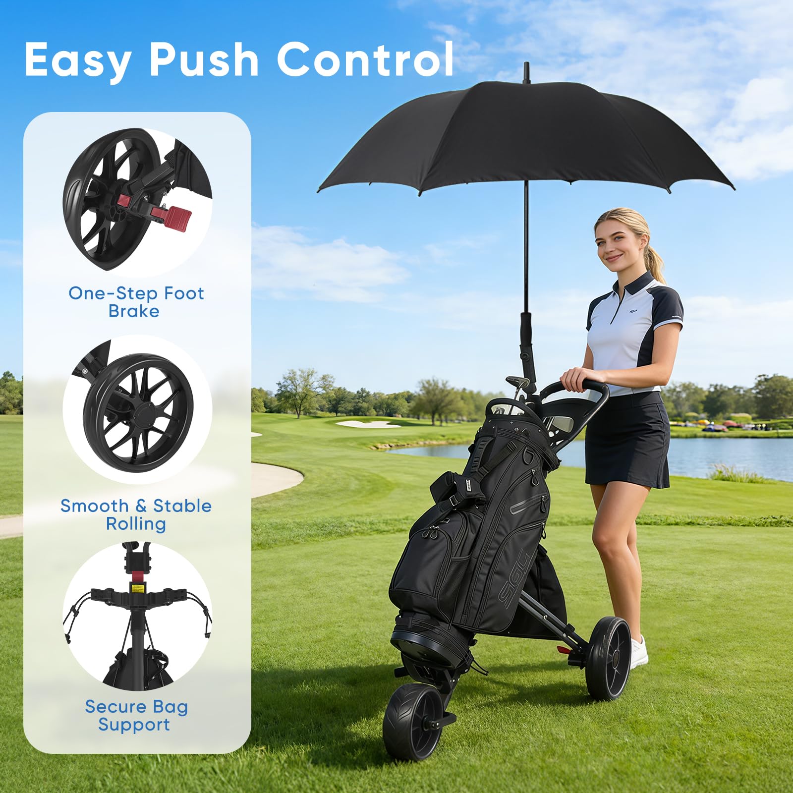 Golfwagen Klappbar 3 Räder, Golf Trolley Leicht mit Fußbremse, zusammenklappbarer Golf Caddy mit Eva Rollen, Kühltasche & Schirmhalter, für Jede Golftasche