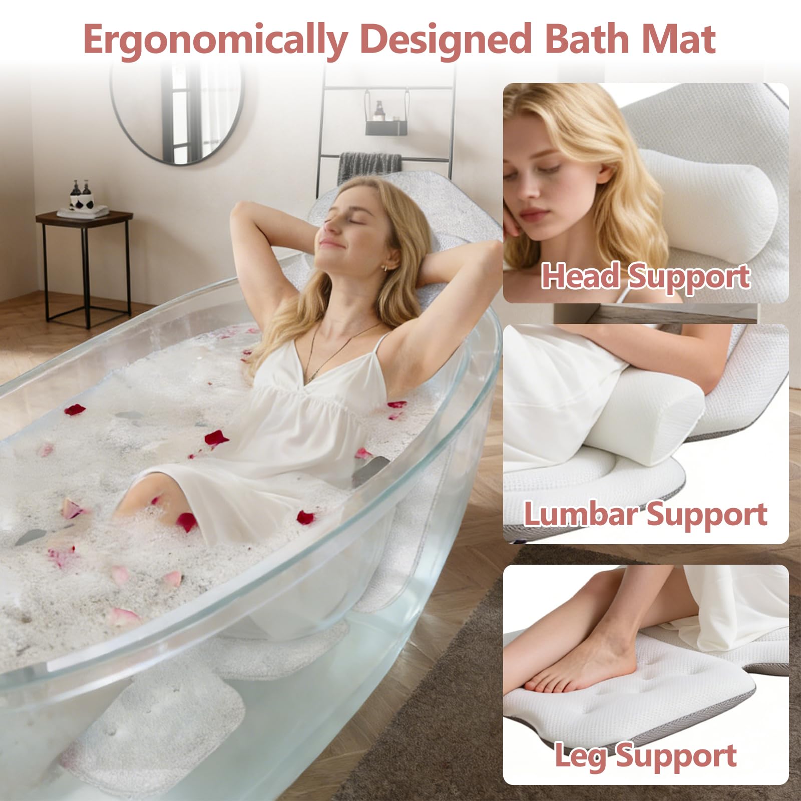 Cojín para Bañera de Cuerpo Entero 134x41cm, 4D Cojin Bañera con con reposacabezas para Cuello, Espalda y piernas, Almohada Bañera con Ventosas Antideslizante y Gancho, para en hoteles, baños de baño