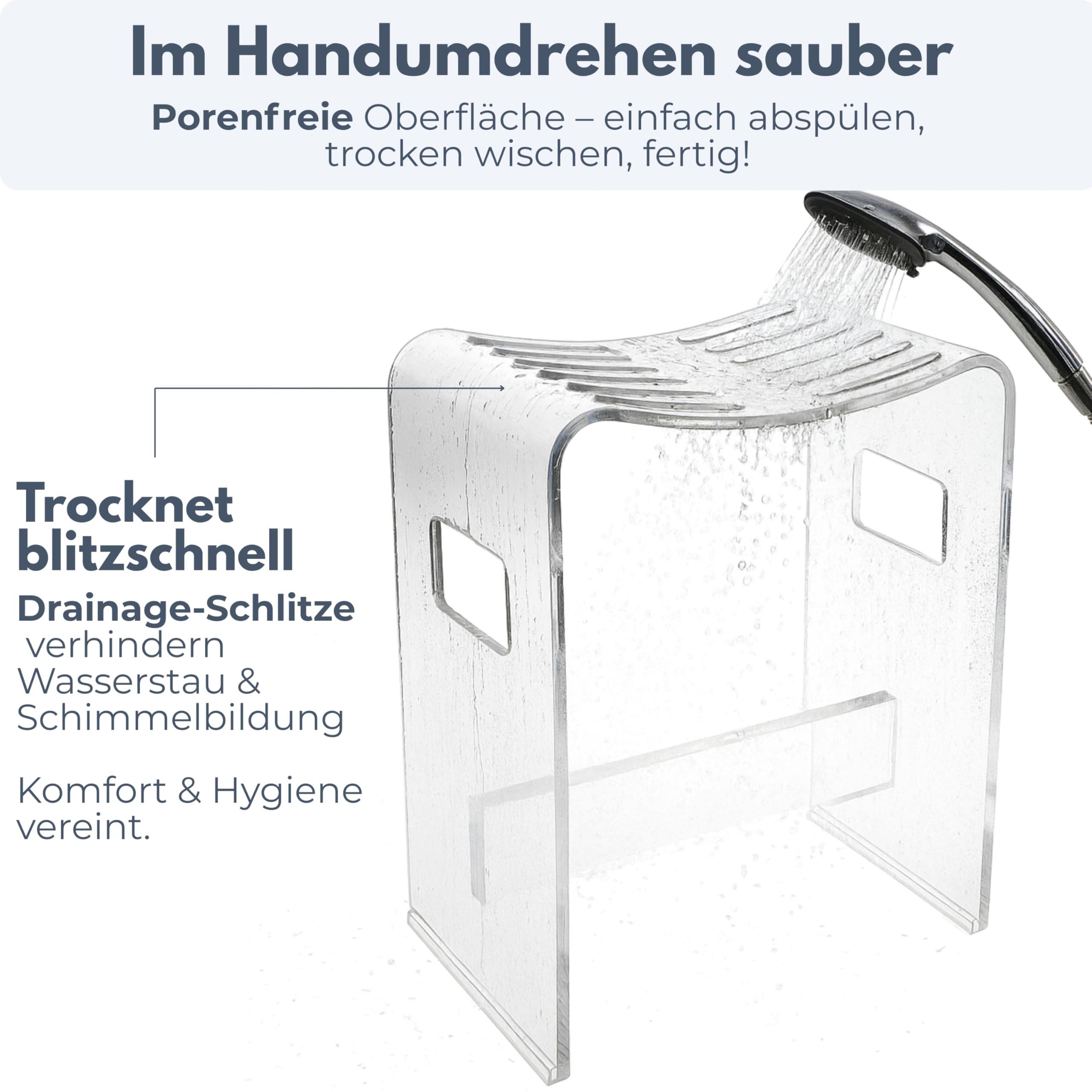 StarK Duschhocker modern aus klarem Acryl – Stabiler Duschstuhl bis 120 kg belastbar | Design Badhocker mit Ablauf-Schlitzen & Griffen | rutschfest, hochwertig & ideal für Dusche