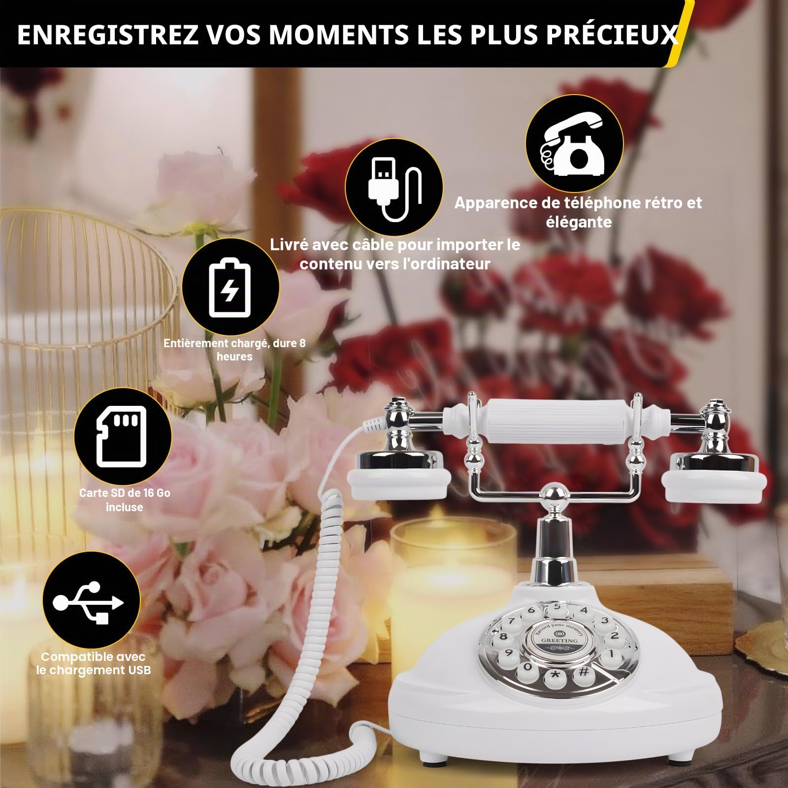 Livre d'or audio pour téléphone de mariage, enregistrez un message audio personnalisé avec le livre d'or audio pour téléphone rétro pour mariage, anniversaire, fête, confession (Téléphone Blanc)
