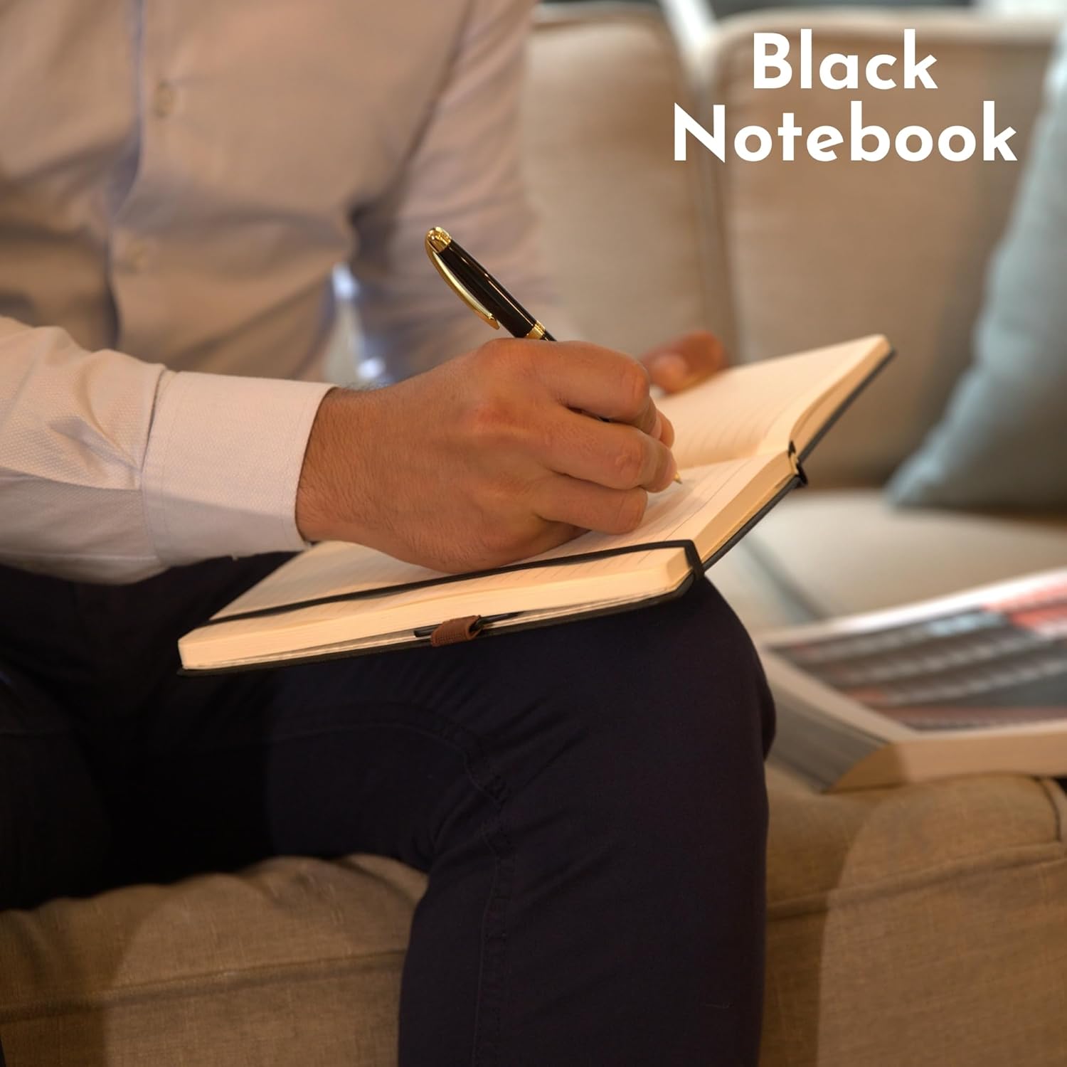 SETTINI Journal Notebook for Writing, Vegan Leather Hardcover Notebook - Pen loop, Back Pockets & Lay-Flat design, 120 GSM A5 College ruled Bleed free Paper, Gift Set for Men and Women, Onyx Black - Leather Journal for Men