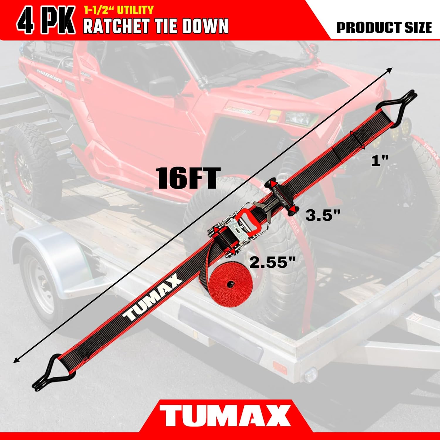 4 PK Universal Ratchet Straps Heavy Duty, 1.5" x 16 FT Tie Down Straps with Double J Hooks, 3300 lbs Break Strength, Ergonomic T-Handle & Ammo Box for Trailer, Truck, Motorcycle, ATV, UTV, Boat