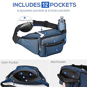 NOOLA Fanny Pack Waist Bag for Men Women, Lightweight Waist Pack with Water Bottle Holder, Adjustable Belt Bag with Multi-Pockets for Hiking, Dog Walking, Outdoor, Cycling, Running, Travel, Blue