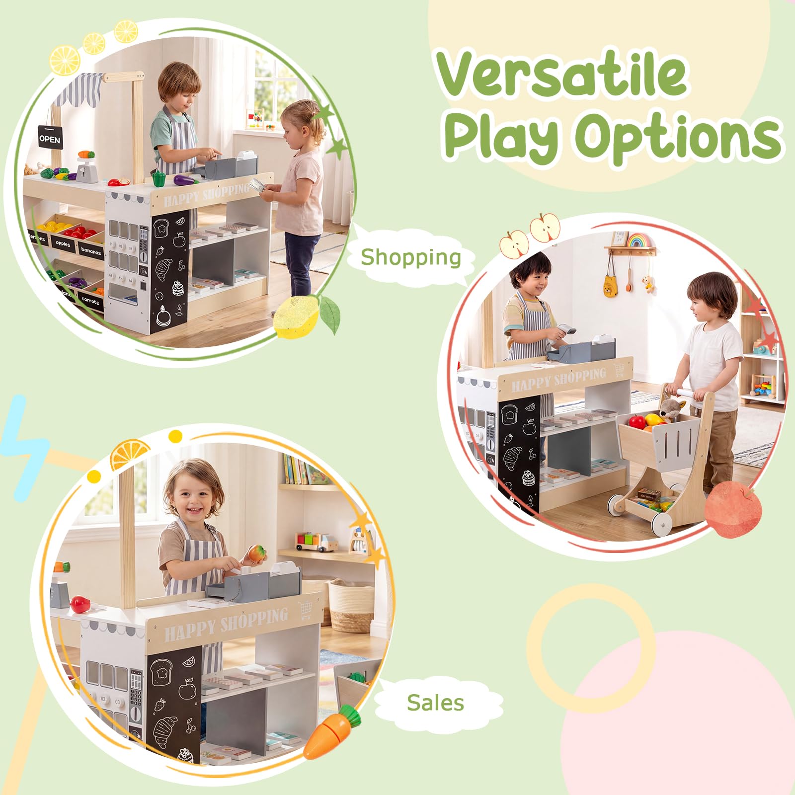 FANTASK Holz Kinder Kaufladen, Kaufmannsladen mit Einkaufswagen, Verkaufsautomat Spielzeug, Kasse & Spiellebensmittel, Supermarkt Spielzeug für Kinder 3+ Jahre
