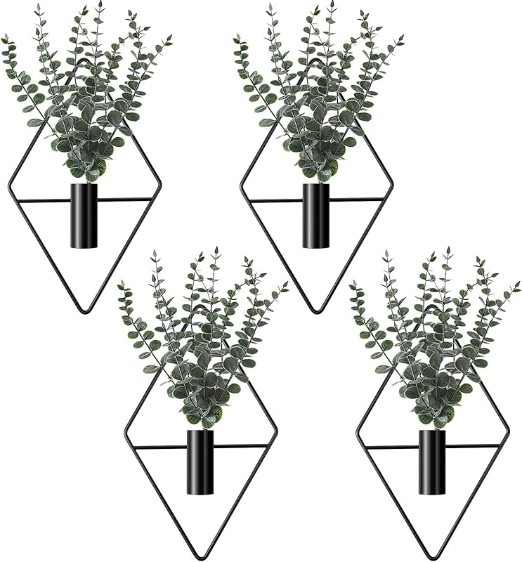 Jexine 4 Pcs Plant Wall Decor Diamond Shape Hanging Planters with Artificial Plants Geometric Wall Decor Metal Hanging Vase Indoor Holder for Living Room Bathroom Home(Eucalyptus)