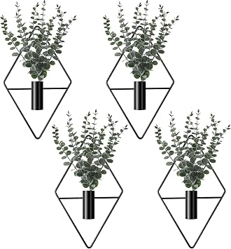 Jexine 4 Pcs Plant Wall Decor Diamond Shape Hanging Planters with Artificial Plants Geometric Wall Decor Metal Hanging Vase Indoor Holder for Living Room Bathroom HomeEucalyptus