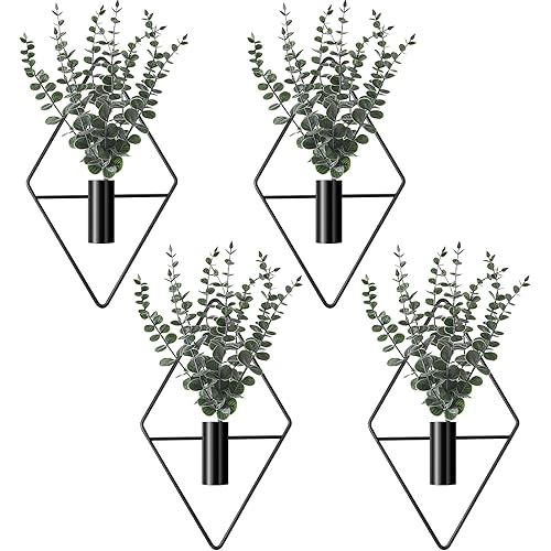Jexine 4 Pcs Plant Wall Decor Diamond Shape Hanging Planters with Artificial Plants Geometric Wall Decor Metal Hanging Vase Indoor Holder for Living Room Bathroom Home(Eucalyptus)